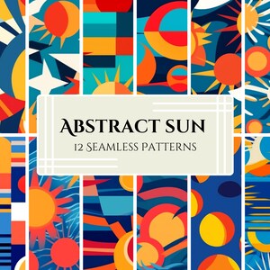 May include: Twelve abstract sun patterns in a collage. The patterns are made up of geometric shapes in shades of blue, yellow, orange, and red.