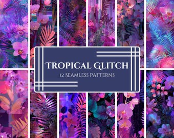 Neon glitch tropisch patroonpakket: vaporwave bloemen, png (digitale download)
