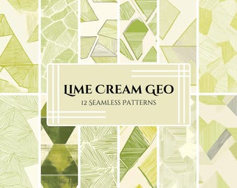 Limoen crème geometrisch papierpakket: vintage lijntekeningen (digitale download)