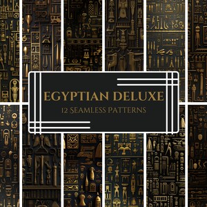 Peut inclure: Un ensemble de 12 motifs sans couture présentant des motifs égyptiens dorés complexes sur un fond noir. Les motifs comprennent des hiéroglyphes, des scarabées, des pyramides et d'autres symboles égyptiens emblématiques. Le texte "EGYPTIAN DELUXE 12 SEAMLESS PATTERNS" est affiché dans un cadre blanc.
