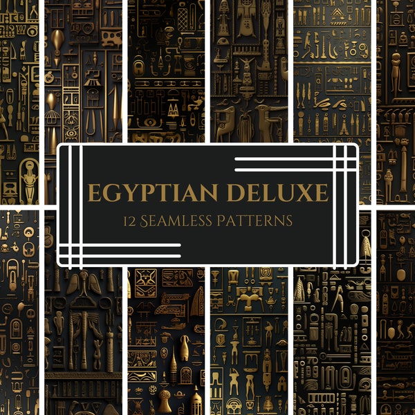 Luxurious Ancient Egyptian Hieroglyphs Patterns, Gold Textured Mythical Symbols, Historical Digital Paper, Premium Archaeological SVG/PNG
