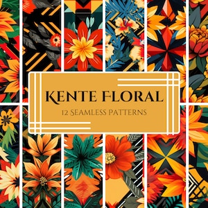 May include: A set of 12 seamless patterns featuring vibrant floral designs inspired by Kente cloth. The patterns include a variety of flowers, leaves, and geometric shapes in shades of red, orange, yellow, green, and blue.