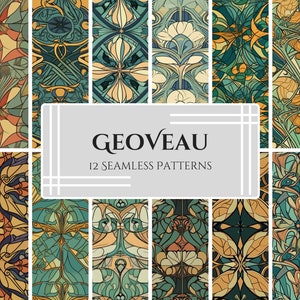 Art Nouveau Digital Paper: 12 Geometric Seamless Patterns (Digital Download)