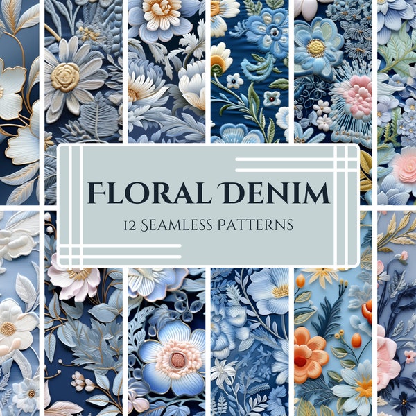 Embroidered Denim Floral Pattern Pack – Vintage & Romantic Pastel Blooms on Blue, Intricate Botanical Designs for Crafting, SVG/PNG