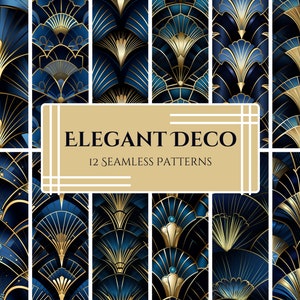 Può includere: Dodici motivi senza cuciture in stile Art Déco con forme geometriche in tonalità di blu e oro. I motivi presentano un motivo ripetitivo di archi e forme a ventaglio sovrapposte.