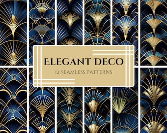 May include: Twelve seamless patterns in an Art Deco style with geometric shapes in shades of blue and gold. The patterns feature a repeating design of overlapping arches and fan shapes.