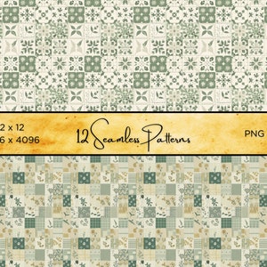 Puede incluir: Colecci&oacute;n de 12 patrones digitales sin costuras. La imagen muestra varios dise&ntilde;os, incluyendo patrones florales y geom&eacute;tricos, en tonos de verde, beige y blanco. Tambi&eacute;n incluye el texto "12 Seamless Patterns" y "PNG".