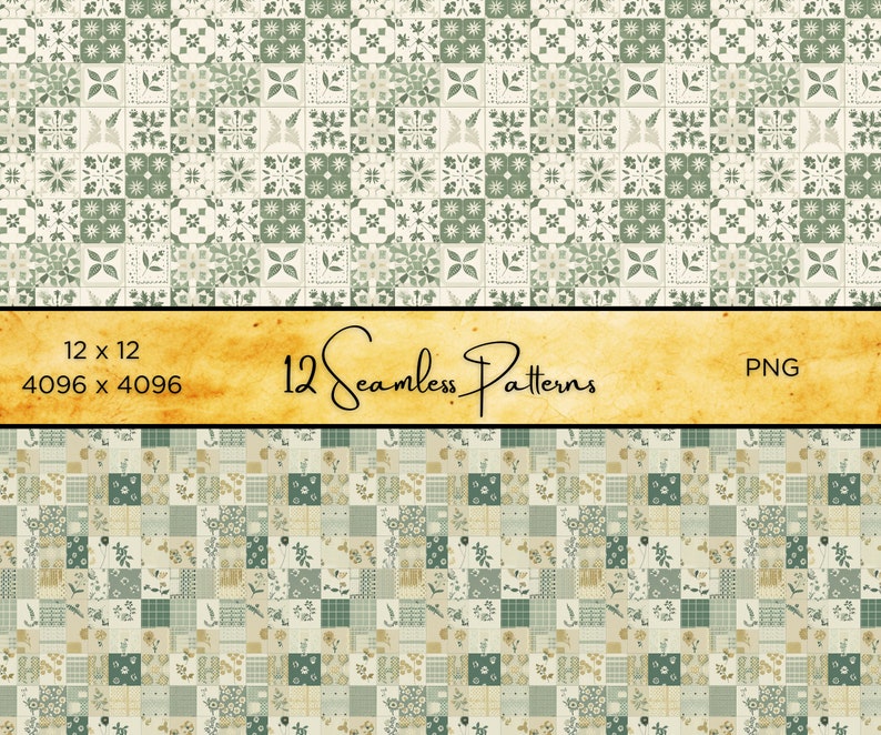 Puede incluir: Colecci&oacute;n de 12 patrones digitales sin costuras. La imagen muestra varios dise&ntilde;os, incluyendo patrones florales y geom&eacute;tricos, en tonos de verde, beige y blanco. Tambi&eacute;n incluye el texto "12 Seamless Patterns" y "PNG".