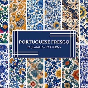 May include: A collection of 12 seamless patterns with floral and botanical designs in various colors, including blue, yellow, and red. The patterns are displayed in vertical rectangular panels. The text "PORTUGUESE FRESCO" and "12 SEAMLESS PATTERNS" are displayed on a navy blue background.