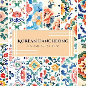 Dancheong-inspiriertes Aquarellmuster - Vintage Floral- und Geometrische Tapeten-Designs, Stoff, Wohndekor - Digitaler Download