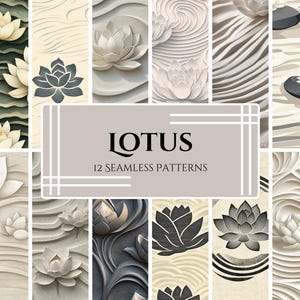 May include: A collage of 12 seamless patterns featuring lotus flowers in various styles and colors. The patterns are designed for use in home decor, fashion, and other creative projects. The text "LOTUS 12 SEAMLESS PATTERNS" is displayed in the center of the image.
