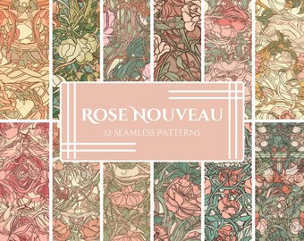 Naadloze art nouveau-roospatronen: botanisch png-bestand (digitale download)