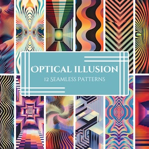 May include: A collection of 12 seamless patterns featuring optical illusions. The patterns are in various colors and designs, including stripes, waves, and geometric shapes. The text "OPTICAL ILLUSION 12 SEAMLESS PATTERNS" is displayed in a blue banner.
