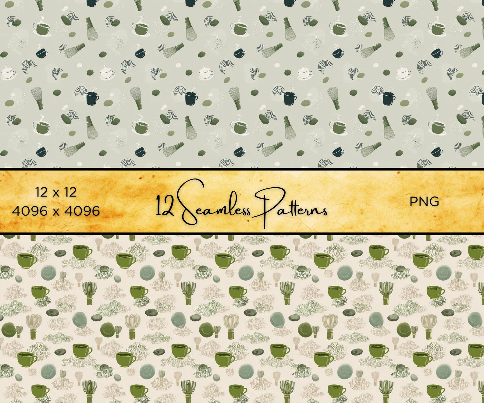 Matcha Tea PNG Pattern Pack: Japanese Zen Seamless Backgrounds (digital ...