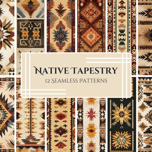 May include: Twelve seamless patterns featuring Native American inspired designs. The patterns are in various colours, including red, blue, yellow, and black. The patterns are geometric and abstract, and they are arranged in a grid.