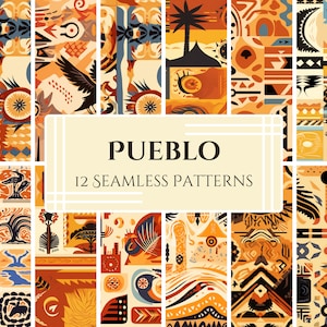 Könnte beinhalten: Ein Set mit 12 nahtlosen Mustern mit geometrischen Designs in Orange-, Gelb-, Braun- und Blautönen. Die Muster sind von der Pueblo-Kunst und -Kultur inspiriert. Der Text "Pueblo 12 nahtlose Muster" wird in der Mitte des Bildes angezeigt.