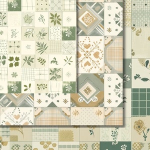Puede incluir: Un dise&ntilde;o de patchwork con cuadrados con patrones bot&aacute;nicos y geom&eacute;tricos en tonos verdes, beige y dorados. El dise&ntilde;o incluye hojas, flores, corazones y elementos de cuadros, creando una est&eacute;tica cohesiva y decorativa.
