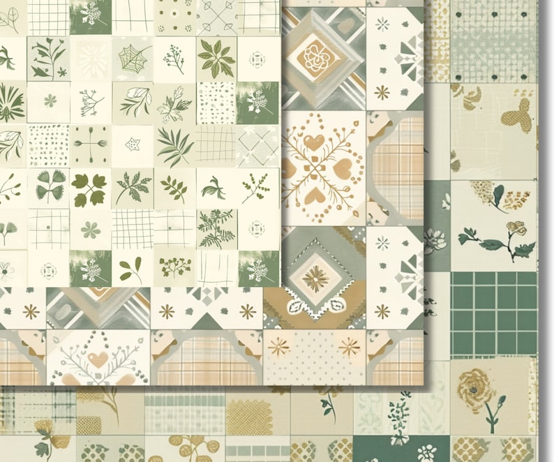 Puede incluir: Un dise&ntilde;o de patchwork con cuadrados con patrones bot&aacute;nicos y geom&eacute;tricos en tonos verdes, beige y dorados. El dise&ntilde;o incluye hojas, flores, corazones y elementos de cuadros, creando una est&eacute;tica cohesiva y decorativa.