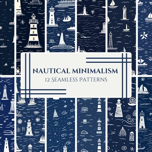 Nautical Adventure Digital Pattern Pack - Navy Blue & White Minimalist Maritime Line Art: Lighthouses, Anchors, Seashells
