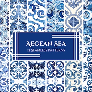 Modelli ispirati al Mar Egeo - Pacchetto digitale motivi greci sulla fluidità dell'acqua, decorazioni costiere blu e bianche, piastrelle ornate mediterranee - formato PNG