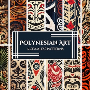 Może przedstawiać: Dwunastu bezszwowych wzorów z motywami sztuki polinezyjskiej w kolorze czarnym, czerwonym, białym i brązowym. Wzory obejmują kształty geometryczne, stylizowane ludzkie postaci i motywy kwiatowe. Tekst "Polynesian Art 12 Seamless Patterns" jest wyświetlany na białym banerze.