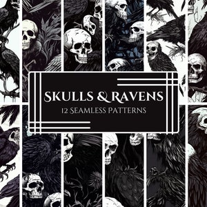 Puede incluir: Un conjunto de 12 patrones sin costuras con ilustraciones en blanco y negro de cuervos y calaveras. Los patrones se titulan "Skulls & Ravens 12 Seamless Patterns".