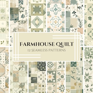Puede incluir: Una colecci&oacute;n de 12 patrones sin costuras con el tema de la colcha de granja. Los patrones presentan una variedad de dise&ntilde;os, incluyendo elementos florales, geom&eacute;tricos y de patchwork en tonos verdes, beige y crema. Se muestra el texto "FARMHOUSE QUILT".