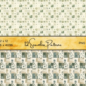 Puede incluir: Un conjunto de 12 patrones sin costuras con un dise&ntilde;o de patchwork. Los patrones muestran cuadrados con motivos florales y de hojas en tonos verdes, beige y azules. La imagen incluye el texto "12 Seamless Patterns" y dimensiones de 12 x 12 y 4096 x 4096 p&iacute;xeles.