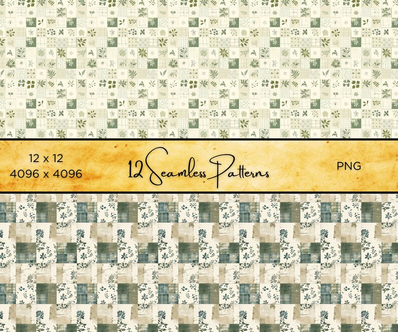 Puede incluir: Un conjunto de 12 patrones sin costuras con un dise&ntilde;o de patchwork. Los patrones muestran cuadrados con motivos florales y de hojas en tonos verdes, beige y azules. La imagen incluye el texto "12 Seamless Patterns" y dimensiones de 12 x 12 y 4096 x 4096 p&iacute;xeles.