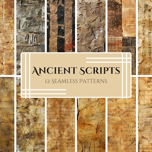 May include: Twelve seamless patterns featuring ancient scripts in various styles. The patterns are in shades of brown, beige, and white, with a distressed, aged look. The text "ANCIENT SCRIPTS 12 SEAMLESS PATTERNS" is displayed in a white banner.