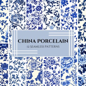 Confezione di motivi floreali in porcellana cinese - Disegni classici blu e bianchi senza soluzione di continuità - Carta digitale Chinoiserie - Stile vintage Delftware - PNG