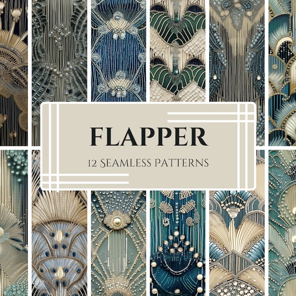 Flapper-Eleganz: Art-Deco-Muster, Perlenfransen und Fächermotive auf Silber, von Vintage-Kleidern der 20er Jahre inspiriertes Design für Kunsthandwerk, Dekoration und mehr