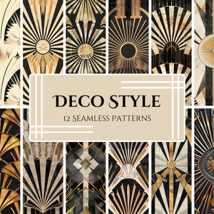 May include: A set of 12 seamless patterns in a deco style with geometric shapes and gold accents. The patterns are black, white, and gold.