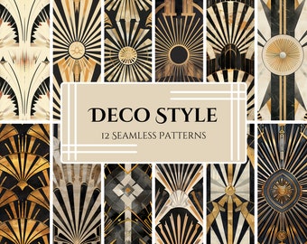 May include: A set of 12 seamless patterns in a deco style with geometric shapes and gold accents. The patterns are black, white, and gold.
