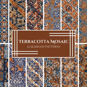 Pode incluir: Doze padrões sem costura com designs de mosaicos de terracota. Os padrões apresentam trabalhos de azulejos intrincados em tons de azul, castanho e laranja. A imagem inclui o texto "TERRACOTTA MOSAIC 12 SEAMLESS PATTERNS".