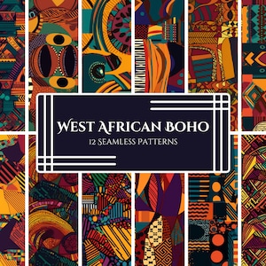 Puede incluir: Un conjunto de 12 patrones sin costuras con diseños geométricos vibrantes inspirados en el estilo boho de África Occidental. Los patrones son una mezcla de colores brillantes, incluyendo amarillo, naranja, rojo, verde, azul y negro.