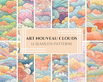 Art nouveau-wolkpatronen: pastelblauw digitaal papier (png-formaat) (digitale download)