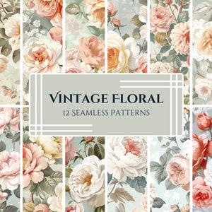 May include: A set of 12 seamless floral patterns featuring vintage-style roses in shades of pink, white, and peach. The patterns are perfect for creating digital or printed designs.
