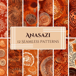 May include: Twelve seamless patterns featuring geometric designs in shades of brown, orange, and white. The patterns are inspired by the Anasazi culture and feature traditional symbols and motifs.