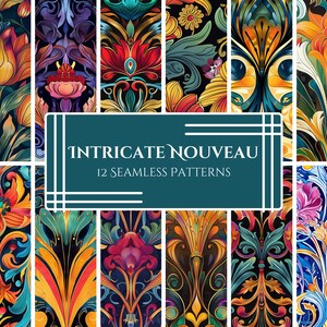 Può includere: Dodici motivi senza cuciture in uno stile Art Nouveau intricato. I motivi presentano motivi floreali, linee vorticose e colori vivaci come rosso, giallo, blu e verde.