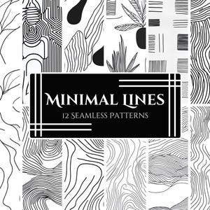 May include: A set of 12 black and white seamless patterns featuring minimalist lines. The patterns are geometric and abstract, with a modern and stylish aesthetic. The text "Minimal Lines 12 Seamless Patterns" is displayed in a black rectangle.