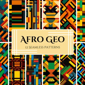 May include: A set of 12 seamless geometric patterns in vibrant colors, including yellow, orange, red, green, blue, and black. The patterns are inspired by African art and design. The text "Afro Geo 12 Seamless Patterns" is displayed in the center of the image.