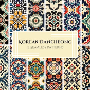 Traditionelles koreanisches Dancheong-inspiriertes Musterpaket - Vintage florale und geometrische Tapeten-Designs, Stoff, Wohndekor - digitaler Download