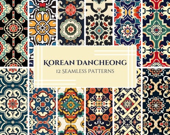 Traditional Korean Dancheong Inspired Pattern Pack – Vintage Floral & Geometric Wallpaper Designs, Fabric, Home Decor – Digital Download