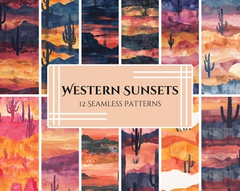 Patrones de acuarela de atardeceres del oeste: Papeles digitales de paisajes desérticos (PNG)