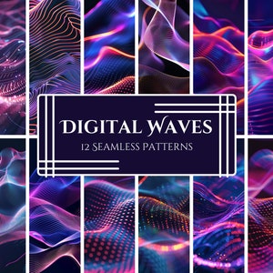May include: A collection of 12 seamless patterns with a digital wave design. The patterns feature flowing lines and dots in shades of purple, blue, and orange, creating a futuristic and abstract aesthetic. The text "DIGITAL WAVES" and "12 SEAMLESS PATTERNS" is displayed.
