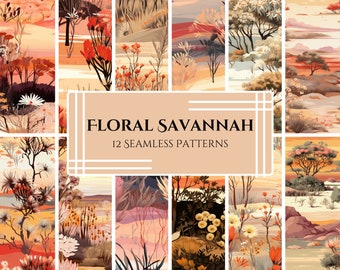 West African Savannah Sunset Flora Pattern Pack - Botanical Illustrations, Warm Earth Tones, Autumnal Digital Paper, Acacia & Wild Grass
