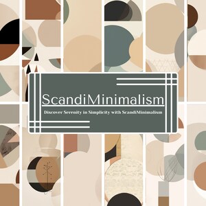 May include: A digital collage of abstract geometric shapes in beige, brown, black, and green. The text "ScandiMinimalism" is displayed in white on a dark green background. The text below reads "Discover Serenity in Simplicity with ScandiMinimalism".