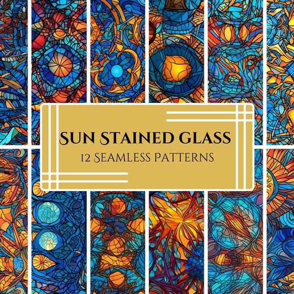Intricate Sun Digital Patterns - Pack of 12 Stained Glass Inspired Designs - Vibrant Rich Colours - PNG and SVG