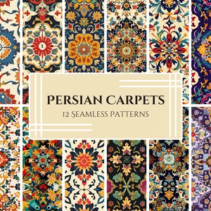 May include: Twelve seamless patterns featuring intricate Persian carpet designs. The patterns are colorful and feature geometric shapes, floral motifs, and traditional Persian designs.